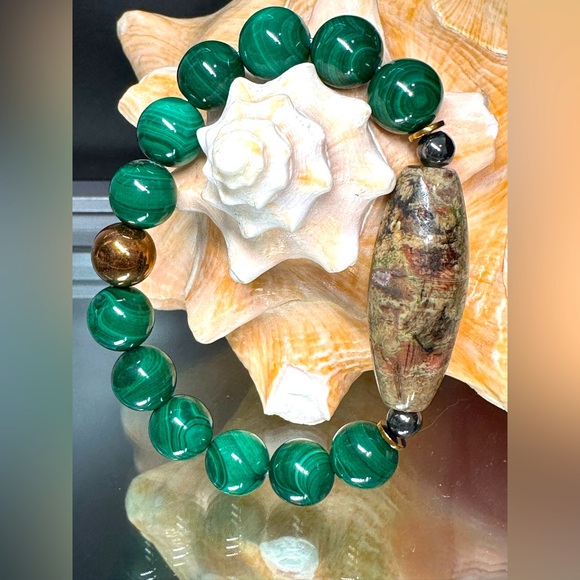 MALACHITE + UNIQUE JASPER NATURAL BRACELET size 7 - Picture 3 of 11